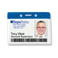 Horizontal badge holder with blue top bar, showing an ID card with photo, name, and barcode