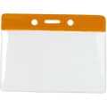 Clear horizontal badge holder with orange top bar and slot holes