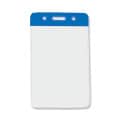 Vertical clear badge holder with a blue top bar and slot