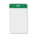 Vertical clear badge holder with green top bar and slot