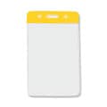 Vertical clear badge holder with a yellow top bar and slot