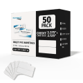 Box of 50 inkjet printable PVC name tag cards with sample cards shown