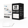 Box of 50 inkjet printable PVC name tag cards, 2-up, glossy white, with blank cards shown