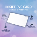 White inkjet PVC card on a purple background with labels showing card features