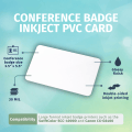 White conference badge-size inkjet PVC card with rounded corners, shown with size and compatibility callouts
