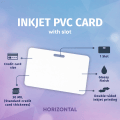 Horizontal white PVC card with a pre-punched slot hole, shown with size measurements