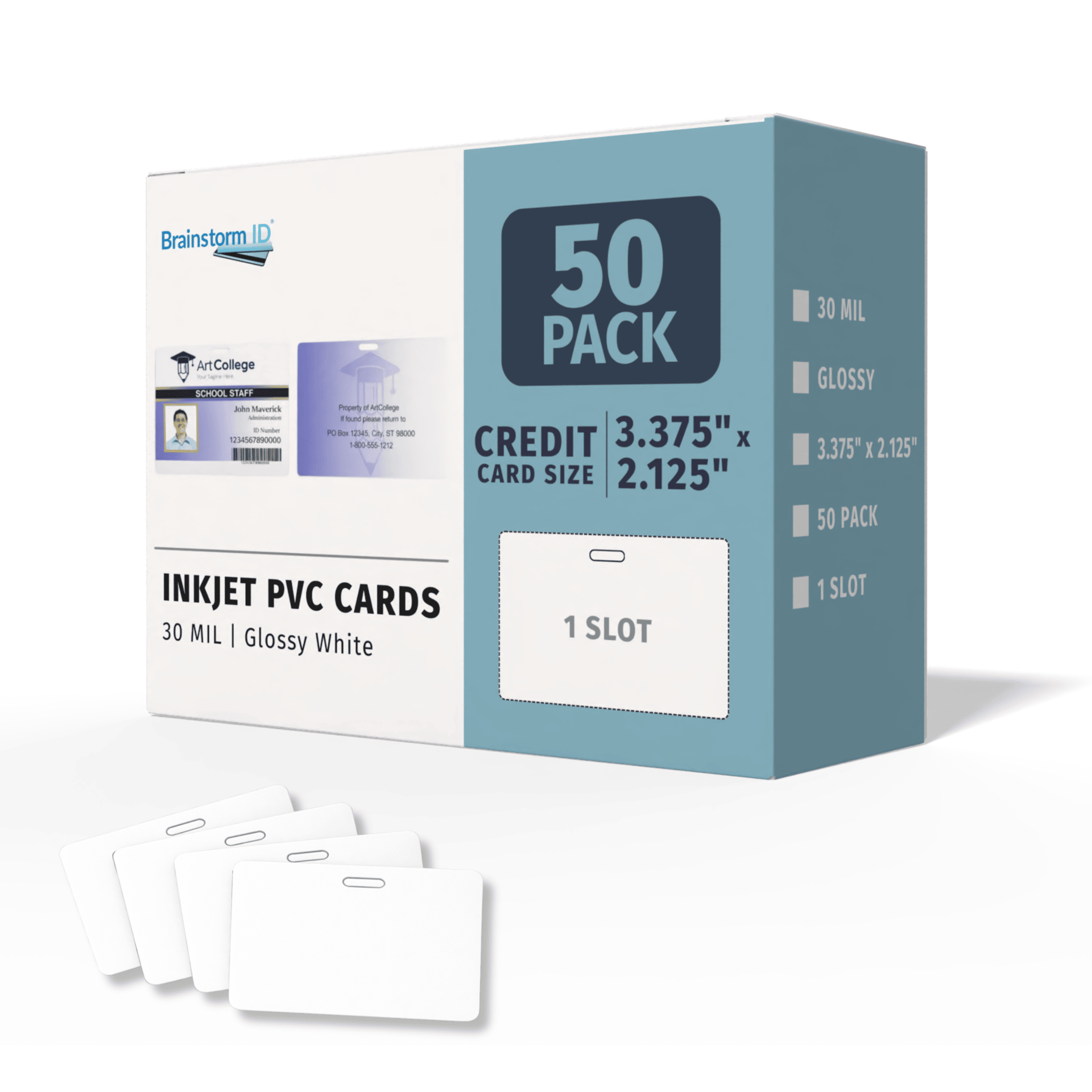 Box of 50 glossy white inkjet PVC cards with one slot hole, shown with sample cards
