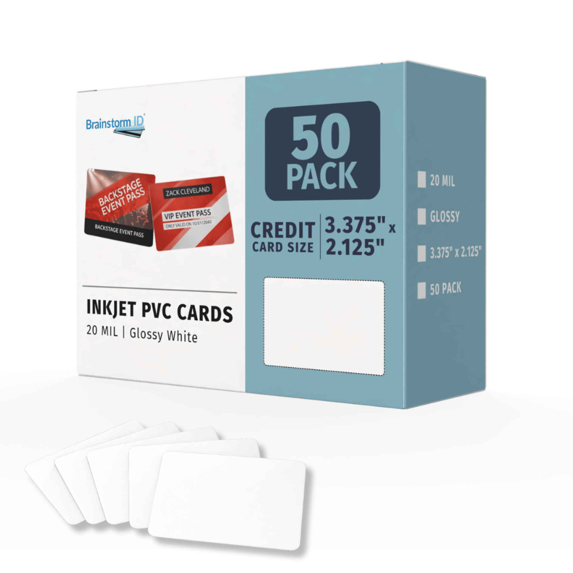 Box of 50 glossy white inkjet PVC cards, 20 mil, with blank cards shown