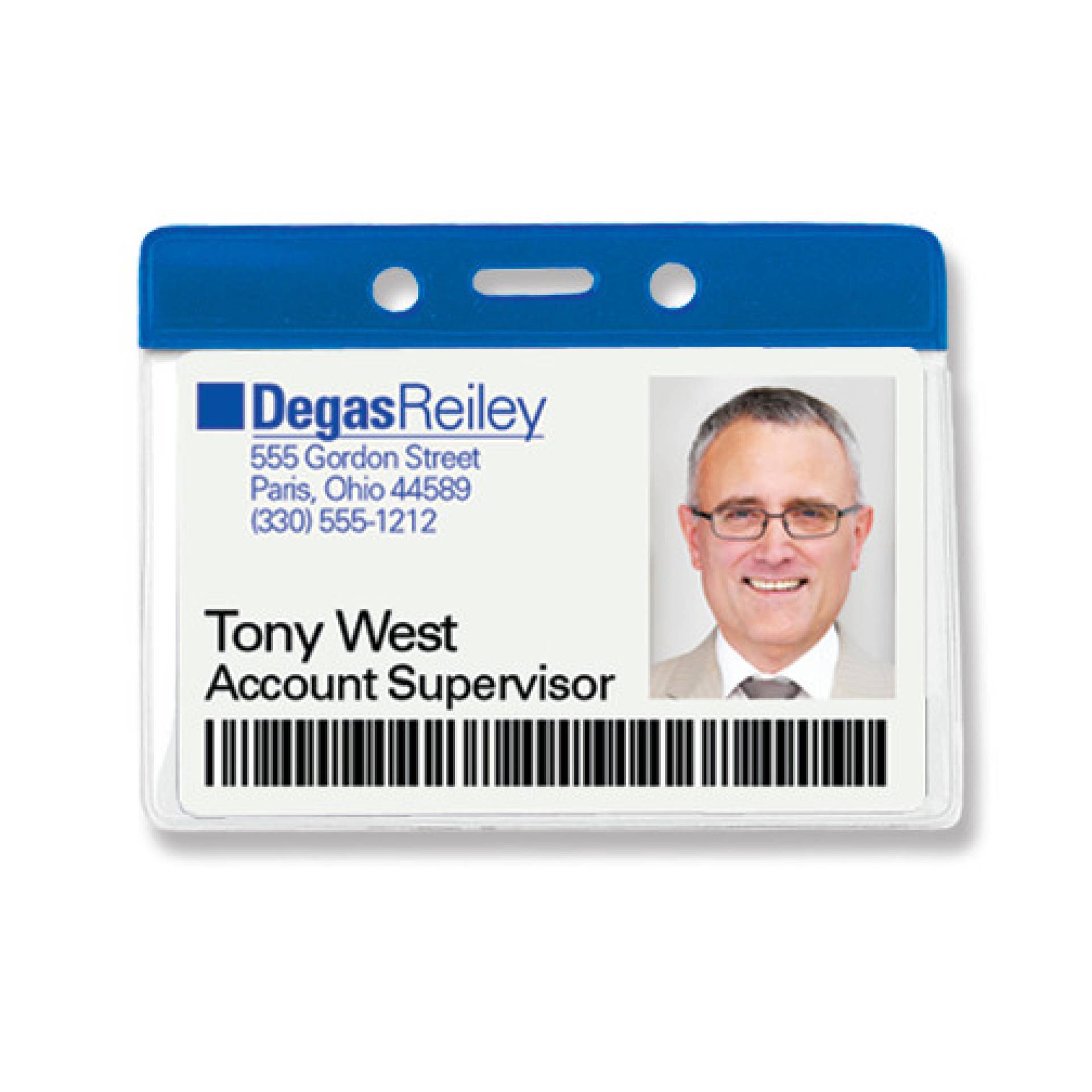 Horizontal badge holder with blue top bar, showing an ID card with photo, name, and barcode