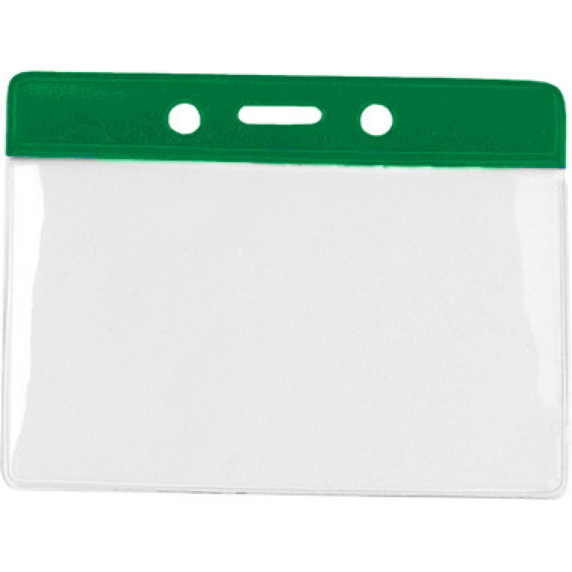 Horizontal clear badge holder with a green colored bar at the top