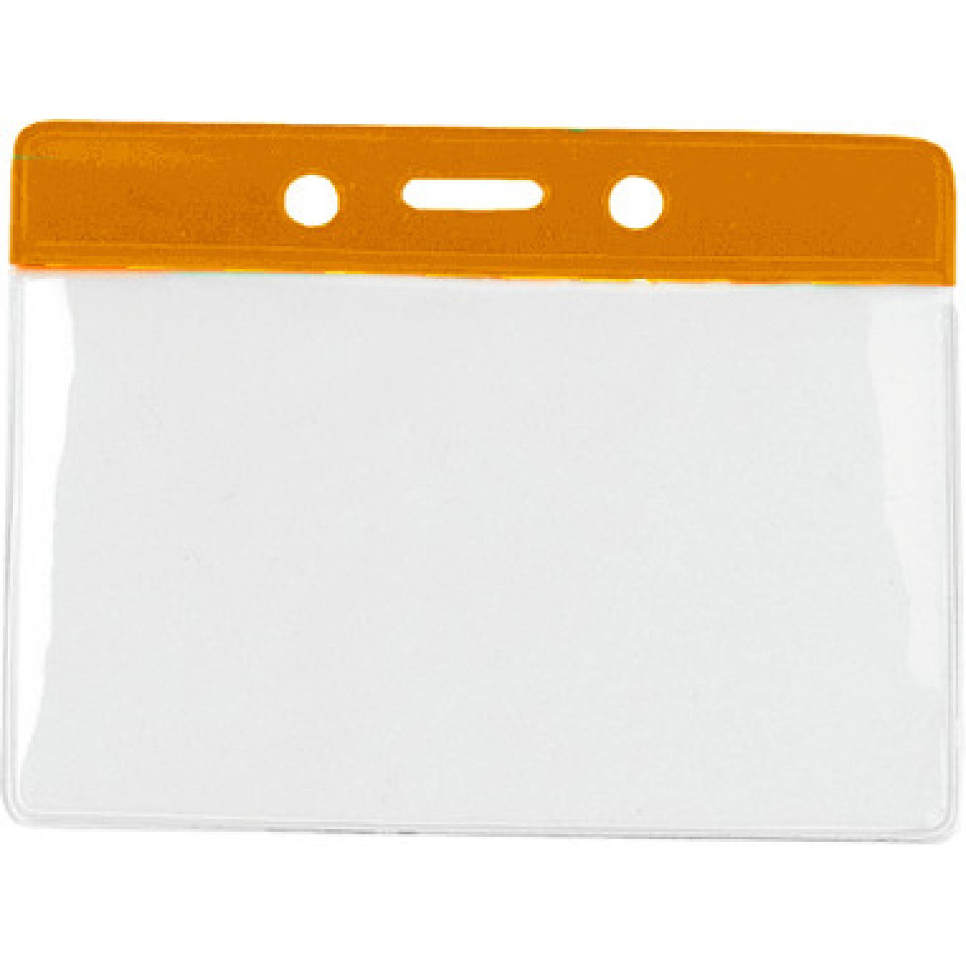 Clear horizontal badge holder with orange top bar and slot holes