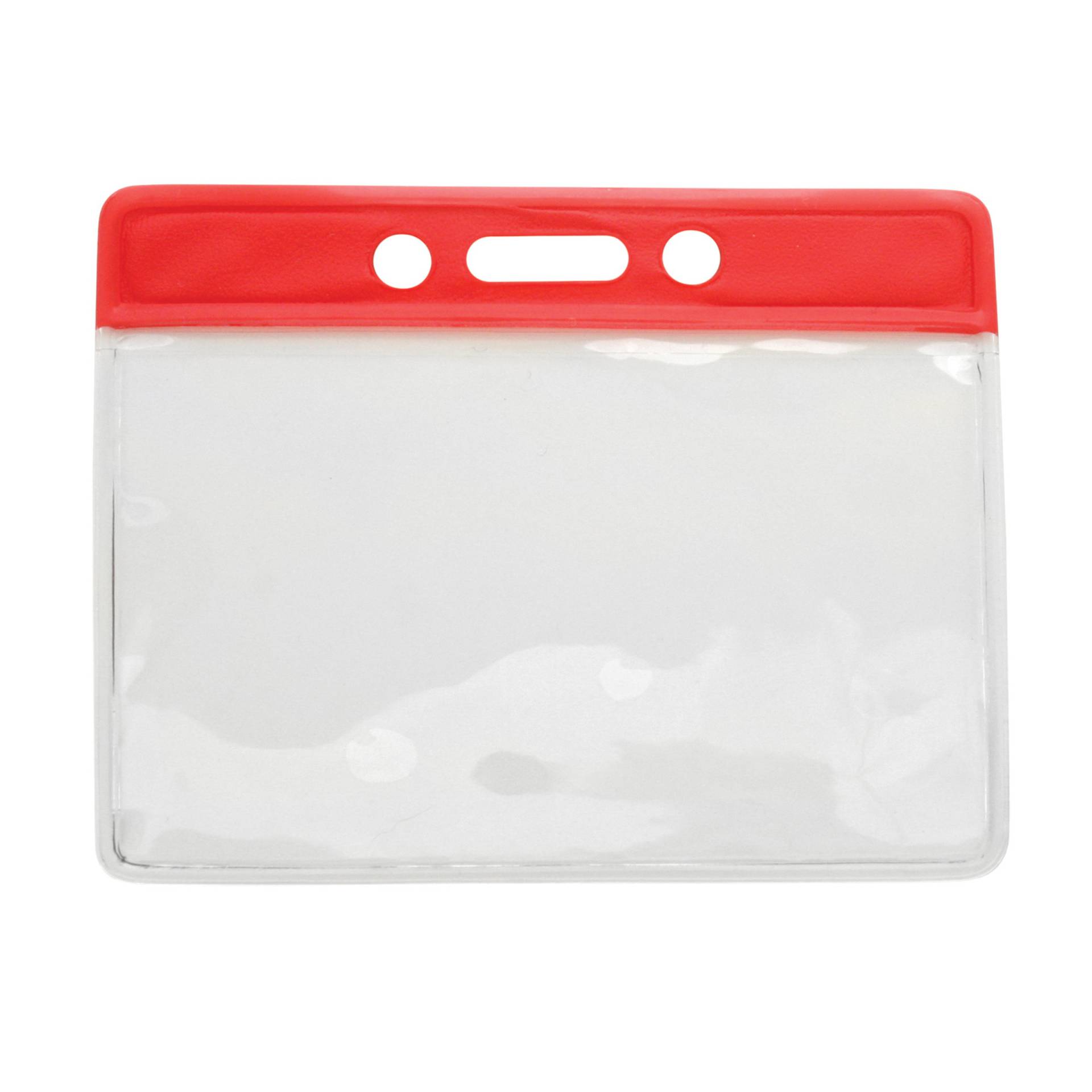 Horizontal clear badge holder with a red colored bar at the top