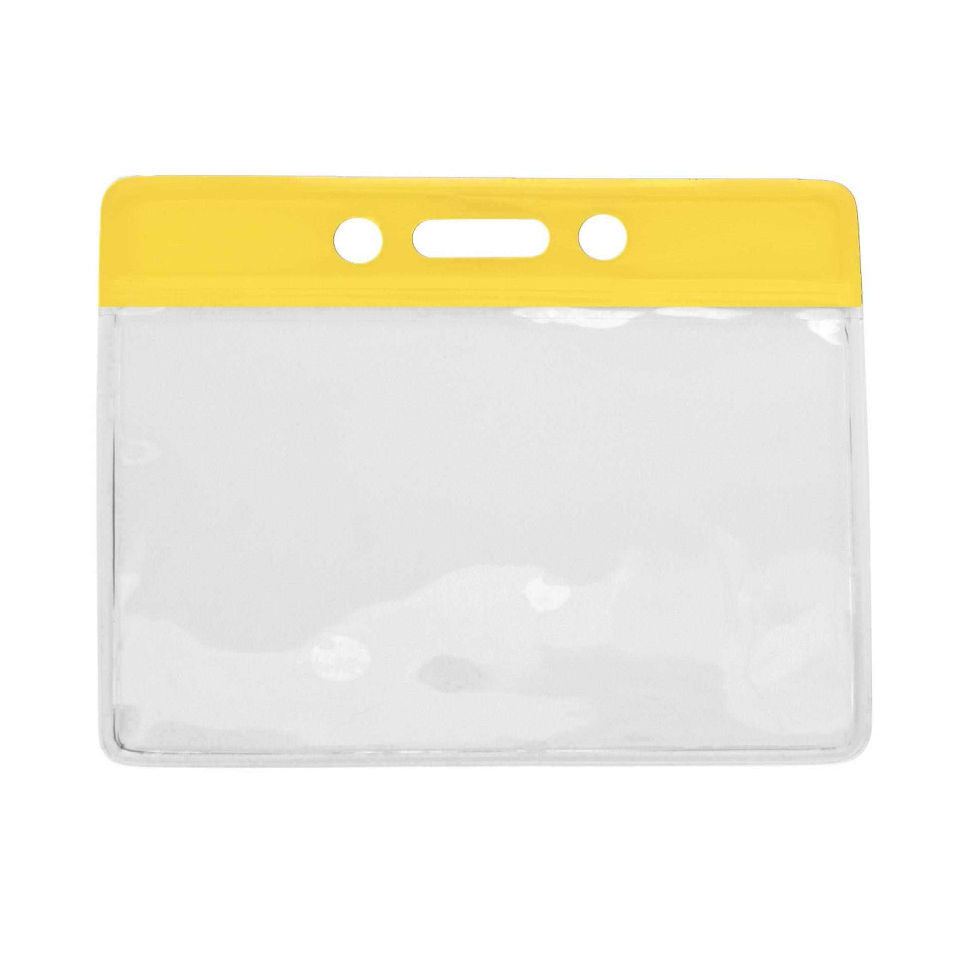 Clear horizontal badge holder with a yellow colored bar at the top