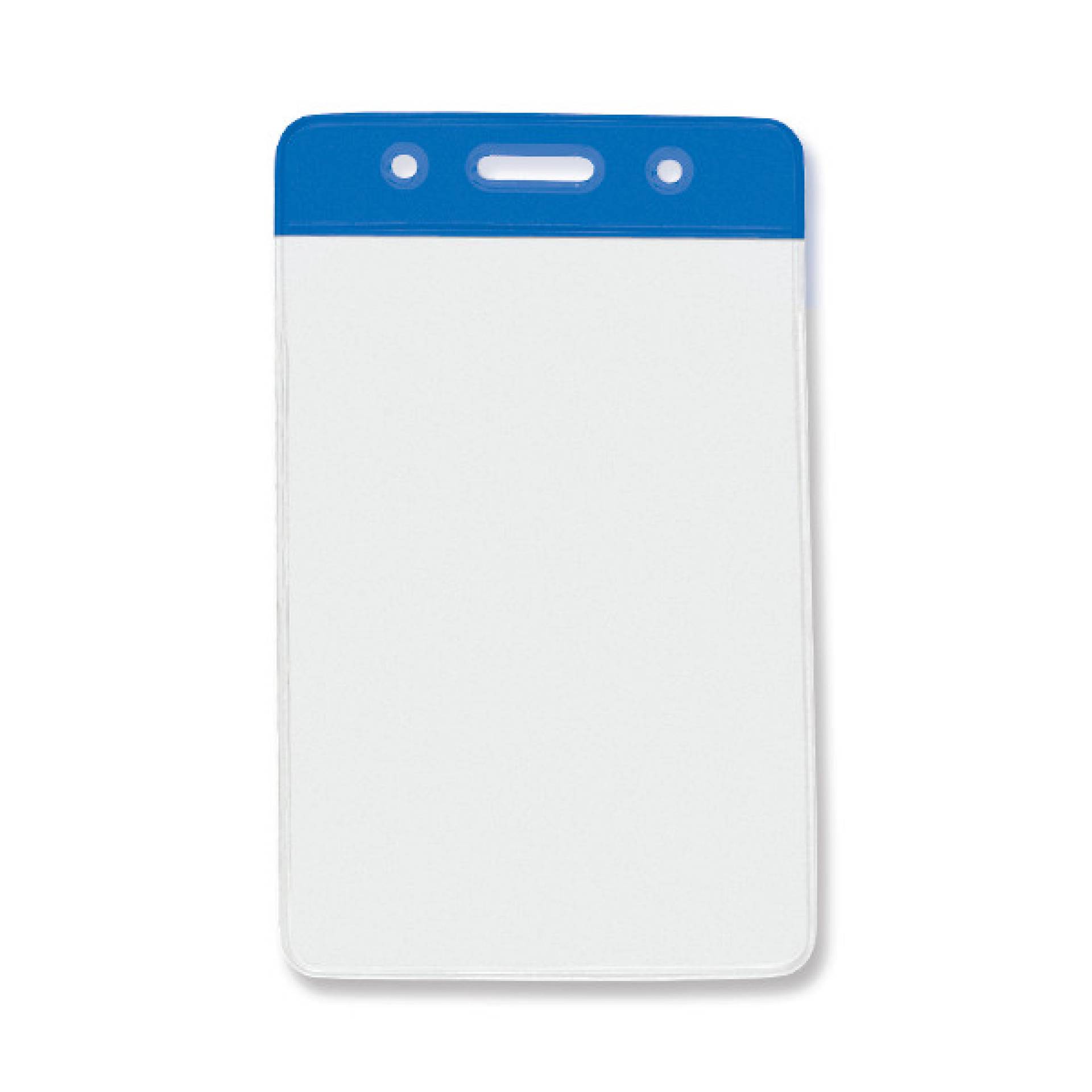 Vertical clear badge holder with a blue top bar and slot