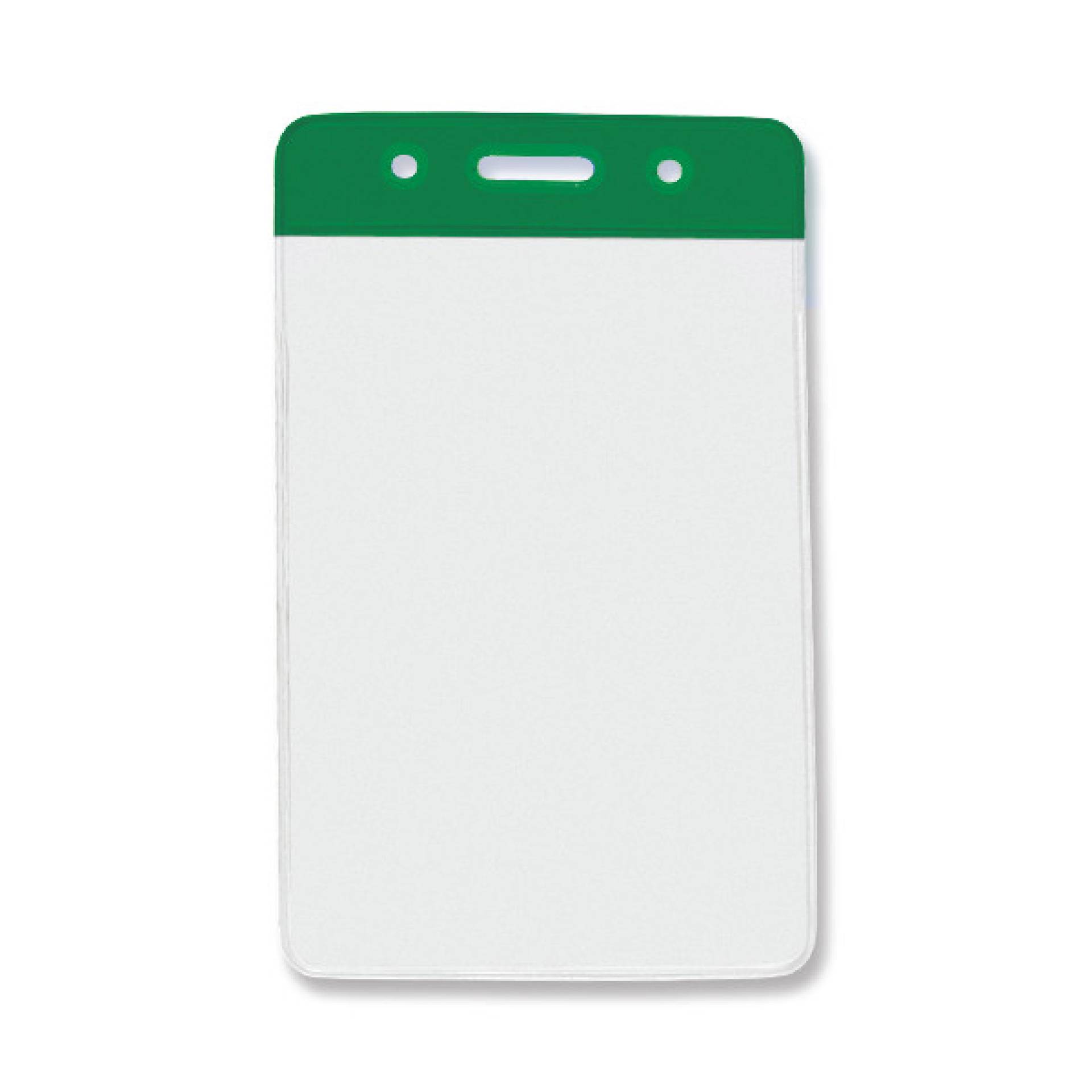 Vertical clear badge holder with green top bar and slot
