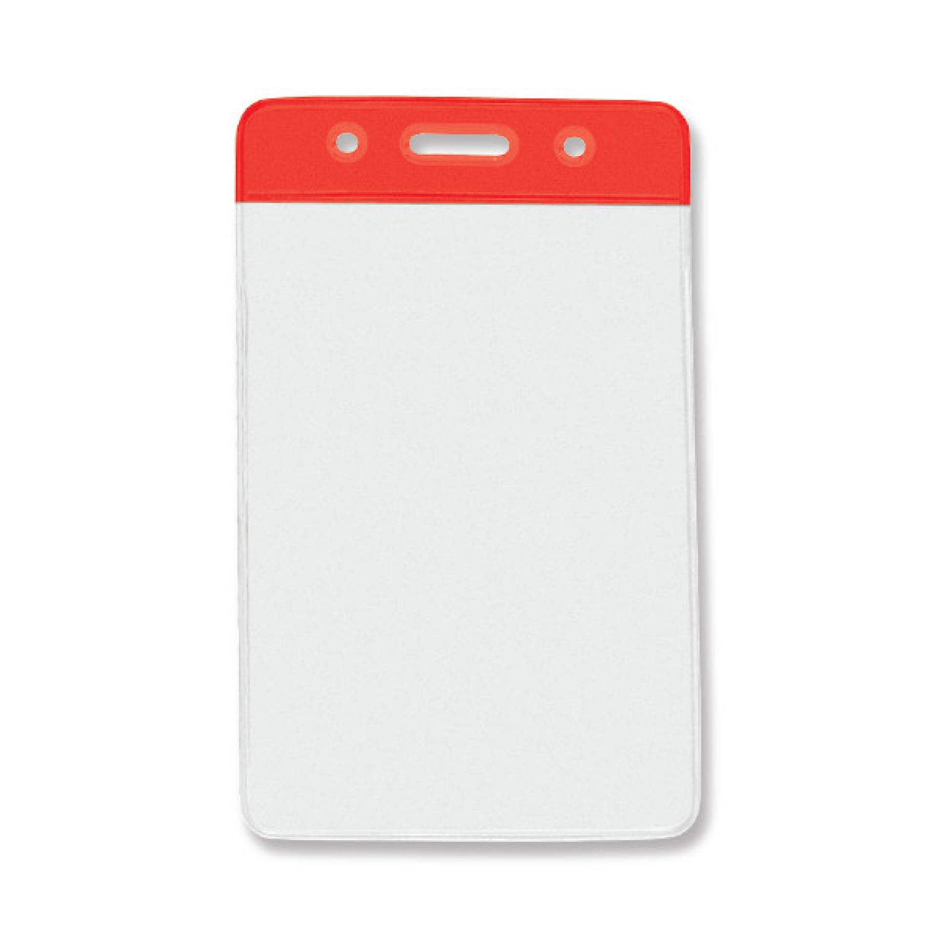 Vertical clear badge holder with a red colored bar at the top