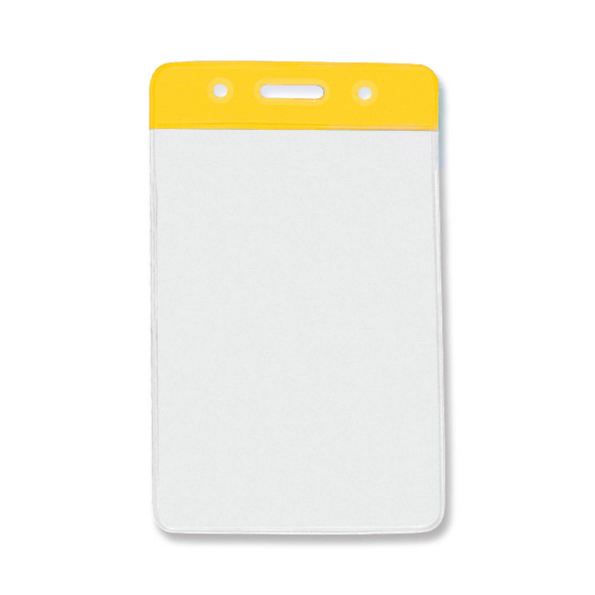 Vertical clear badge holder with a yellow top bar and slot
