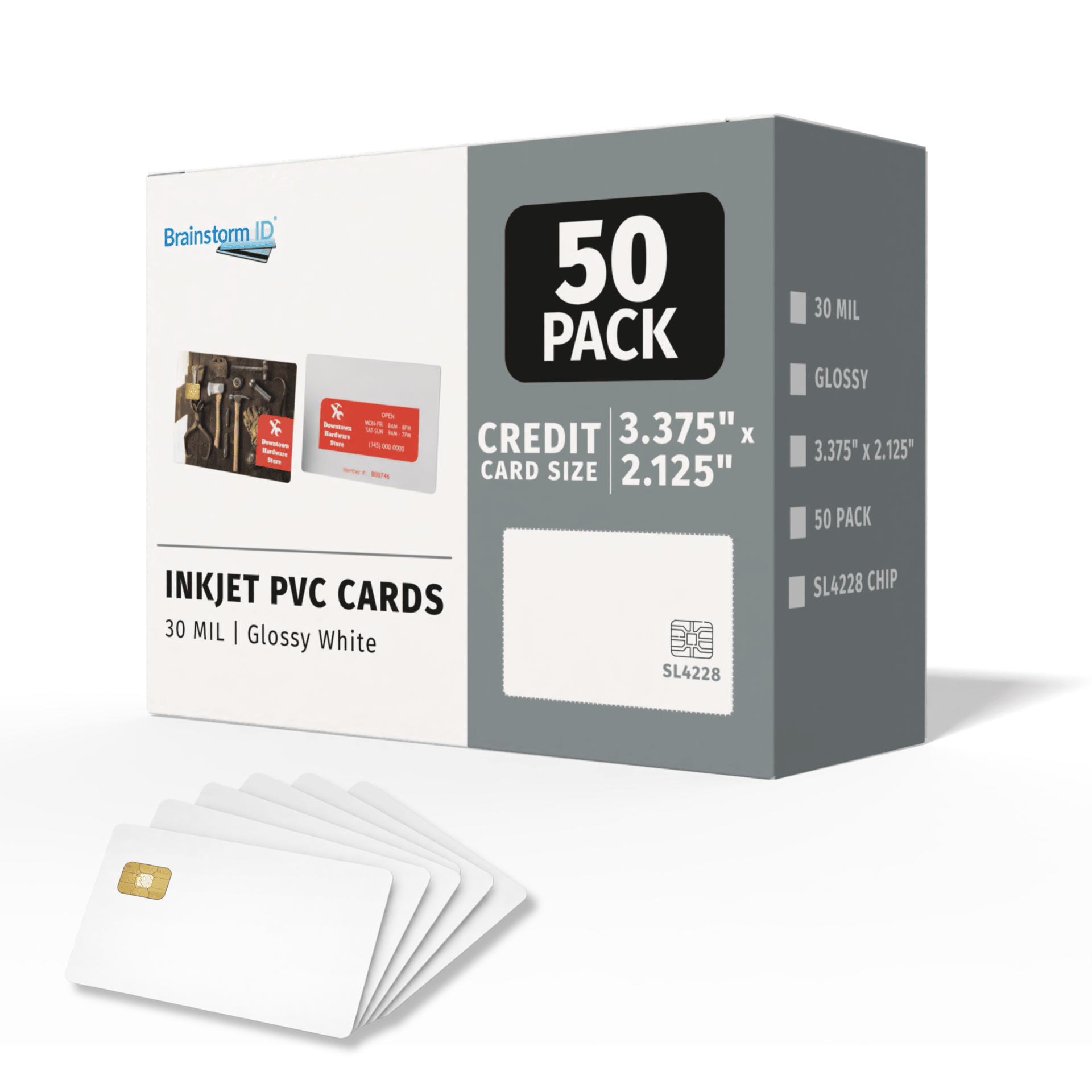 Box of 50 glossy white inkjet PVC cards with SLE4428 chip, shown with sample cards
