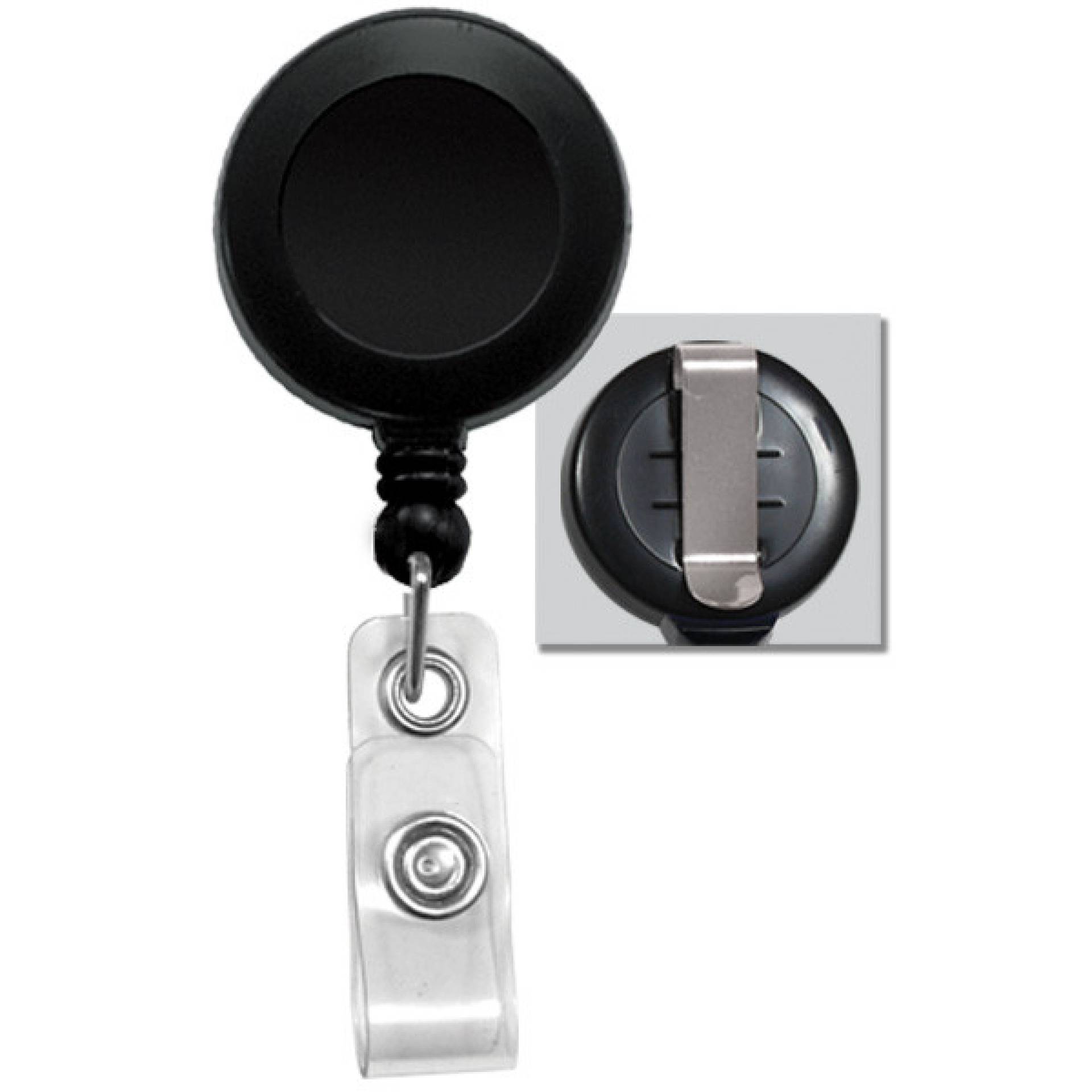 Black badge reel with clear strap and belt clip