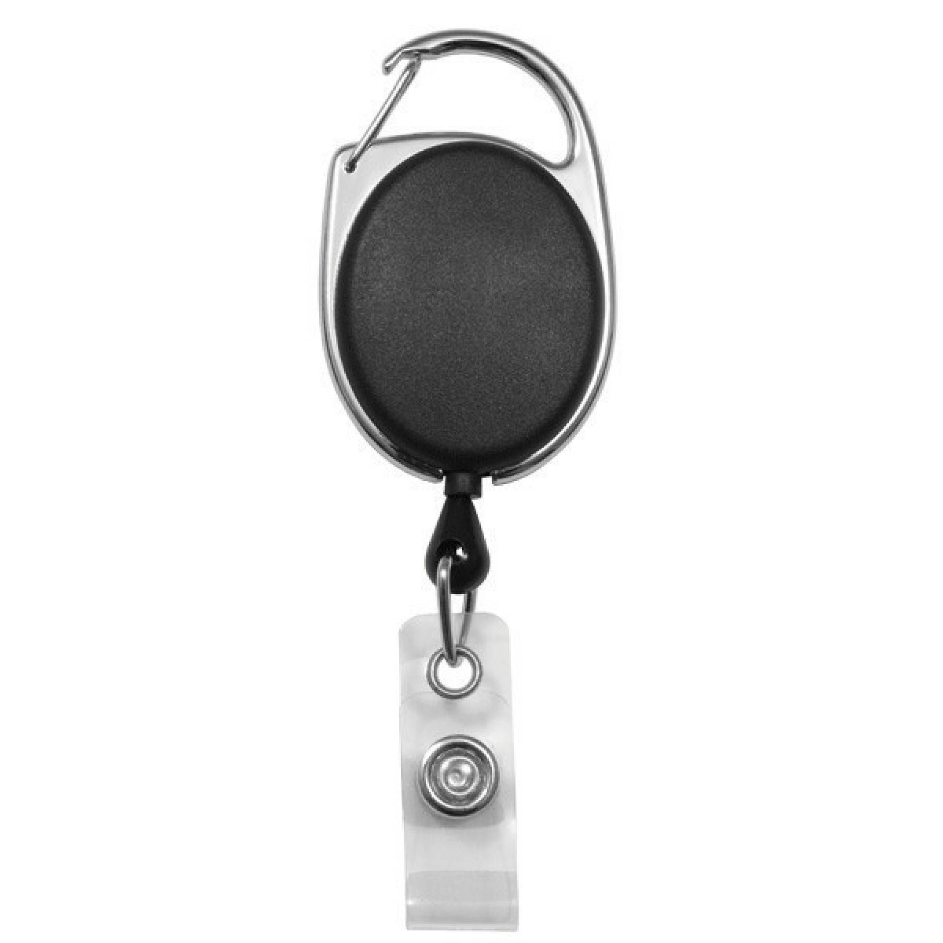 Black carabiner badge reel with clear vinyl strap