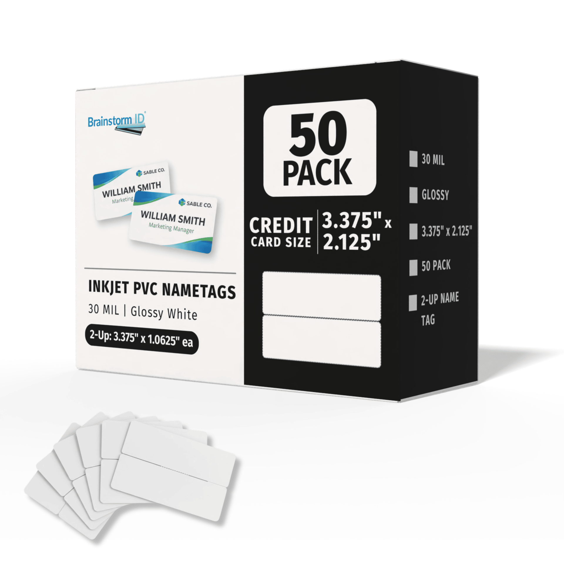 Box of 50 inkjet printable PVC name tag cards with sample cards shown