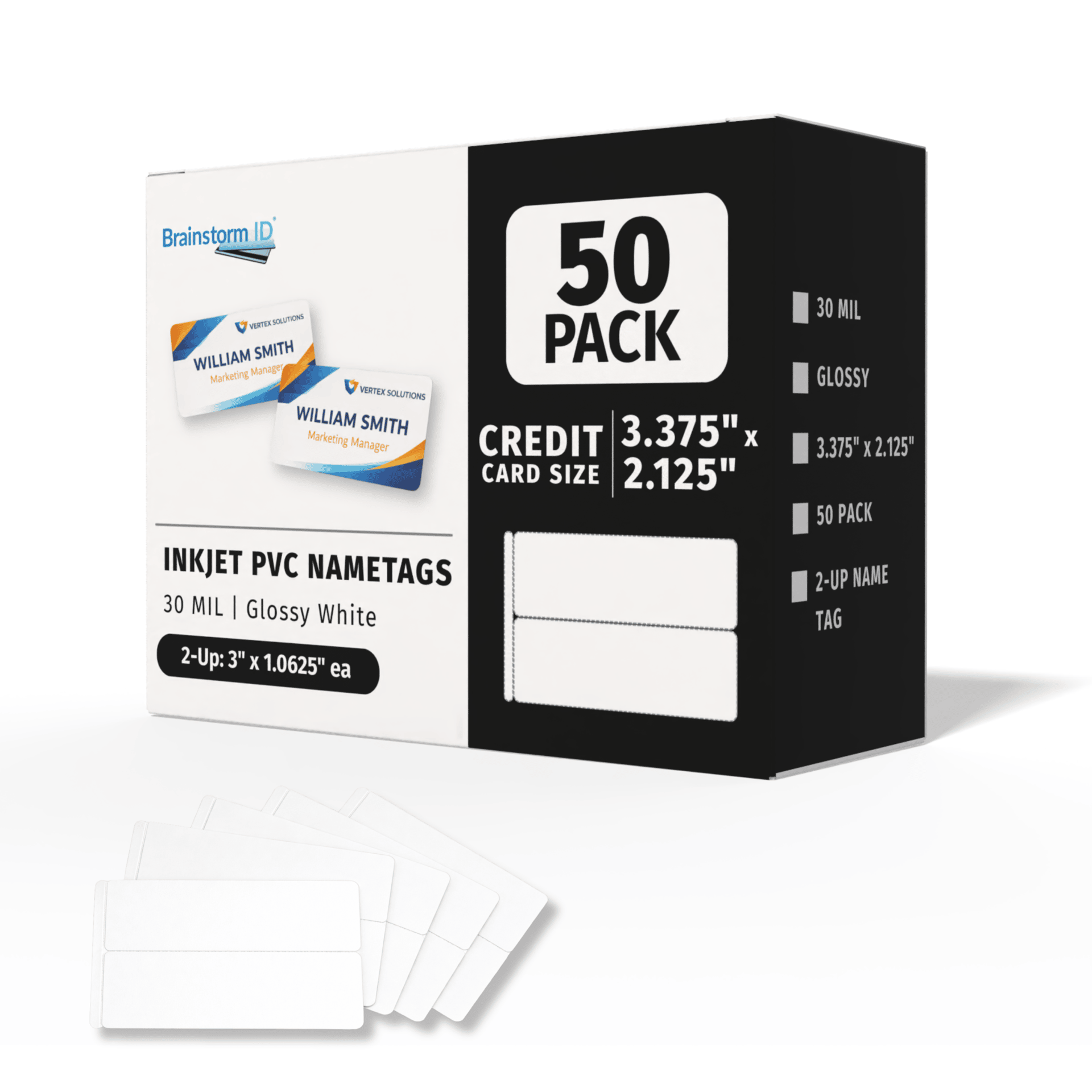 Box of 50 inkjet printable PVC name tag cards, 2-up, glossy white, with blank cards shown