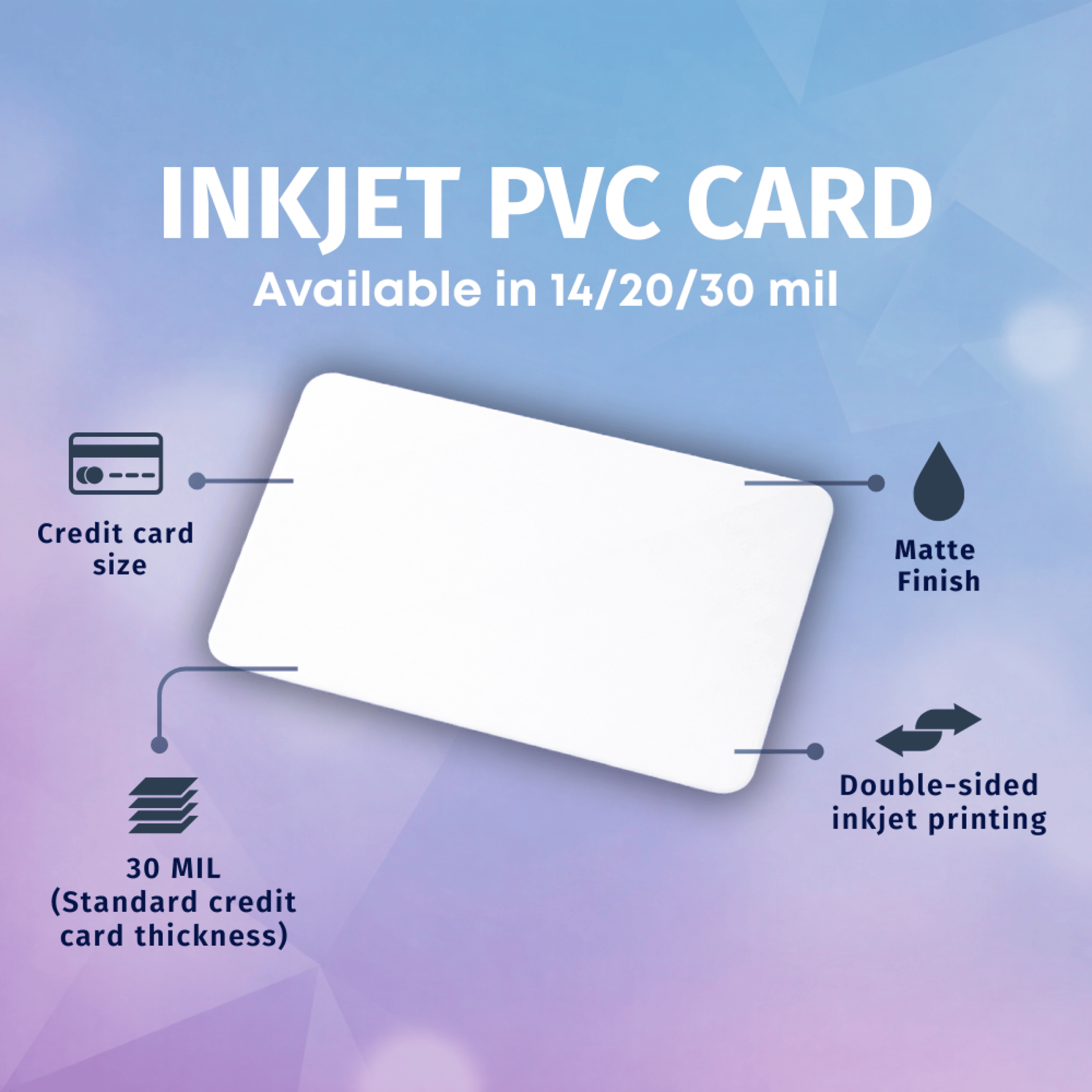 White matte inkjet PVC card shown at an angle on a purple background