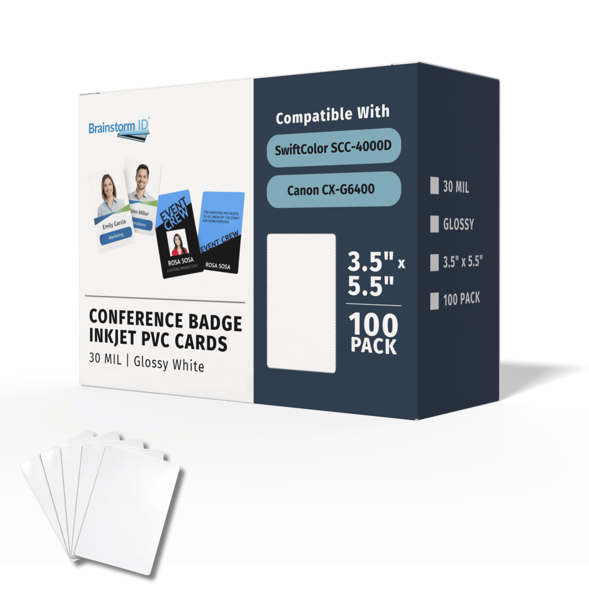 Box of conference badge size inkjet PVC cards with a small stack of blank cards