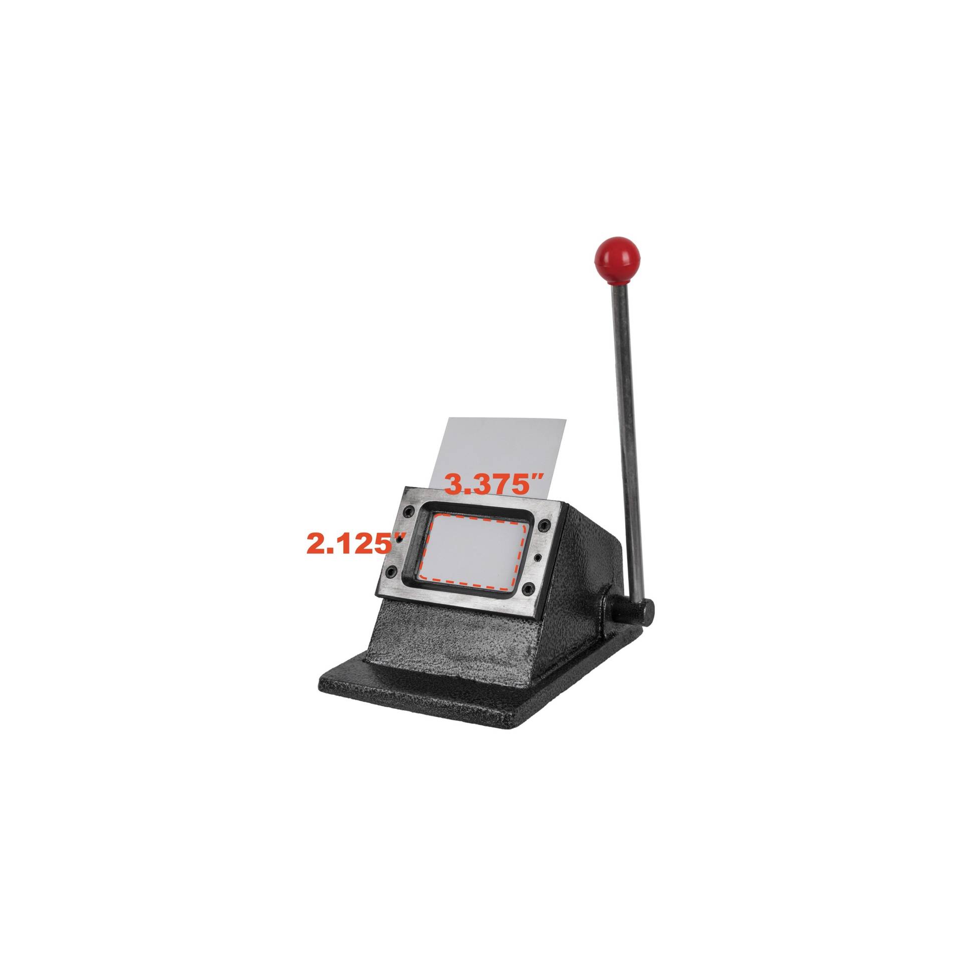 Heavy-duty ID die cutter with window dimensions marked: 3.375 inches wide, 2.125 inches tall