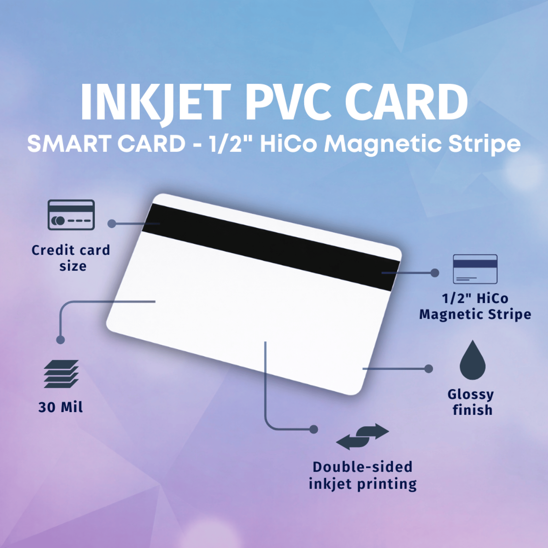 Inkjet PVC card with 1/2-inch HiCo magnetic stripe, credit card size, glossy finish, double-sided printing