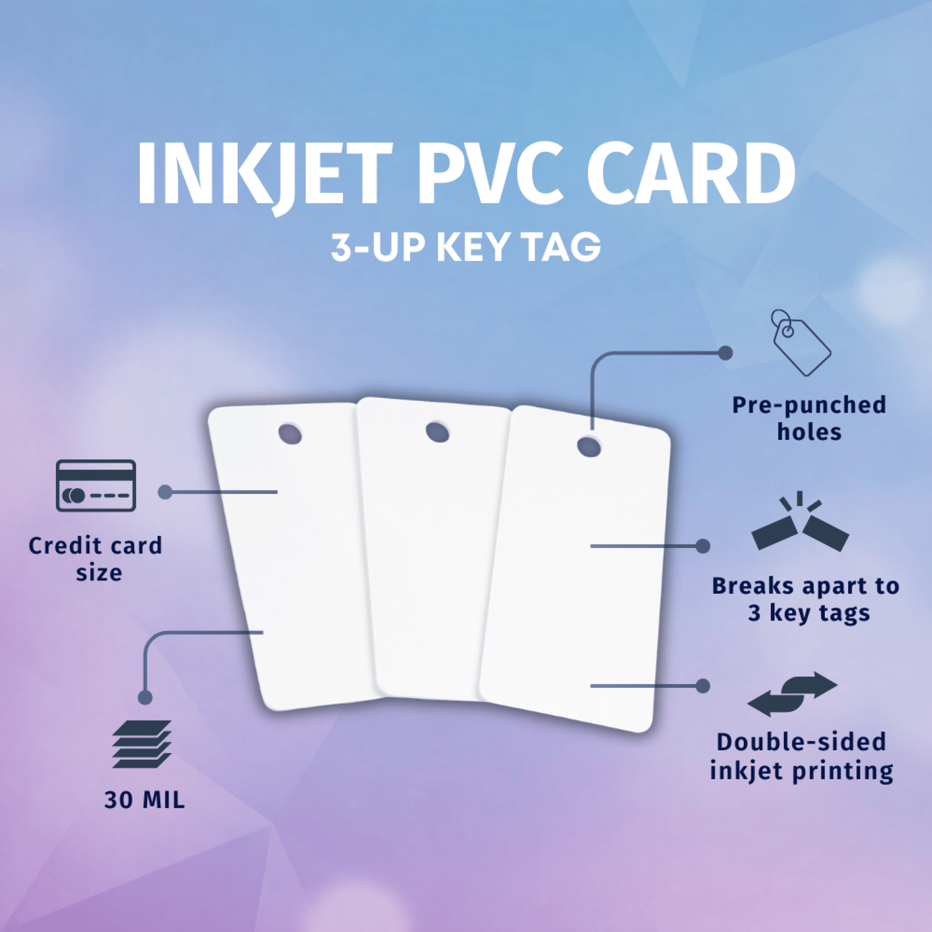 Three blank white key tags on a blue background with labels showing holes, rounded corners, and inkjet printing areas