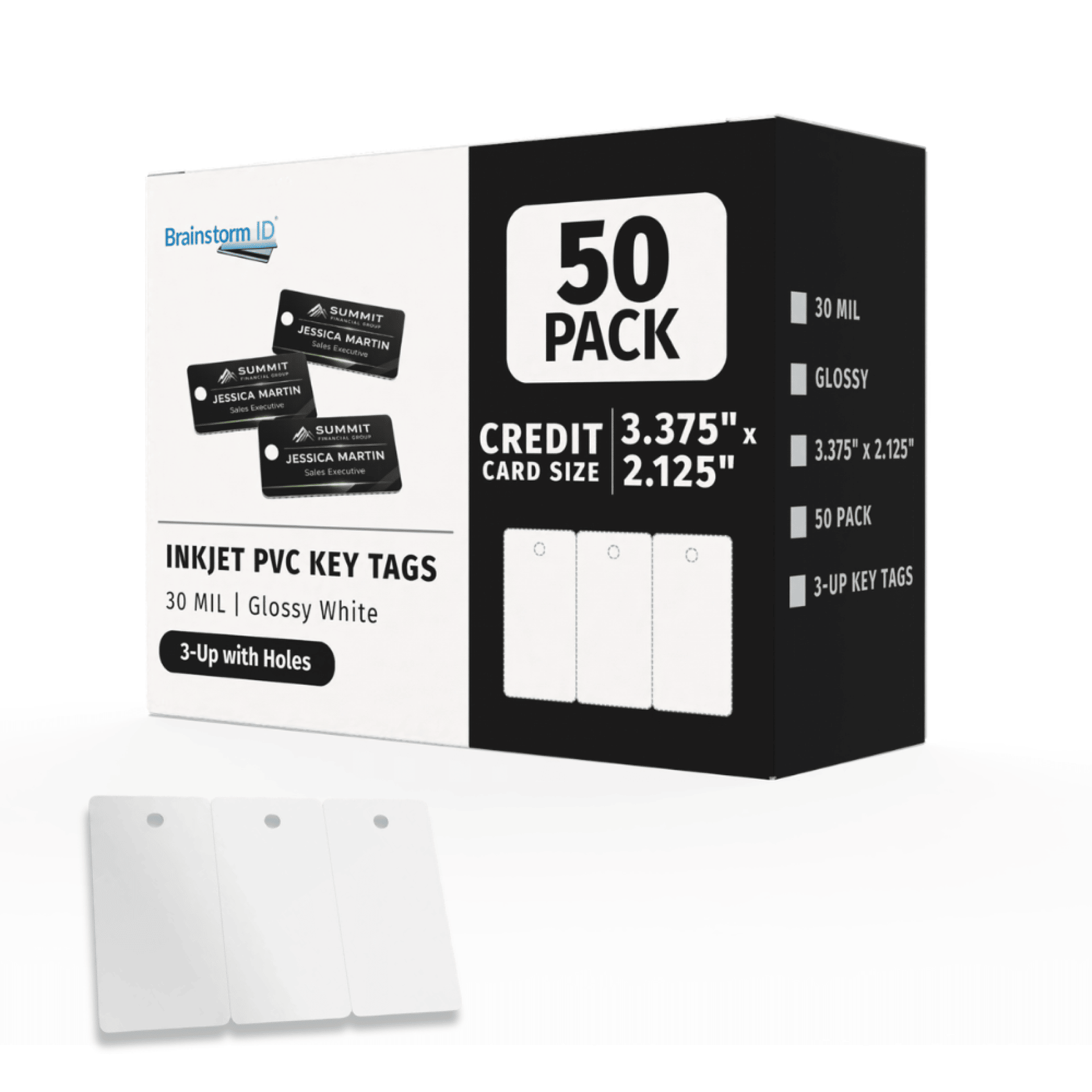 Box of 50 inkjet printable PVC key tag cards with hole slots