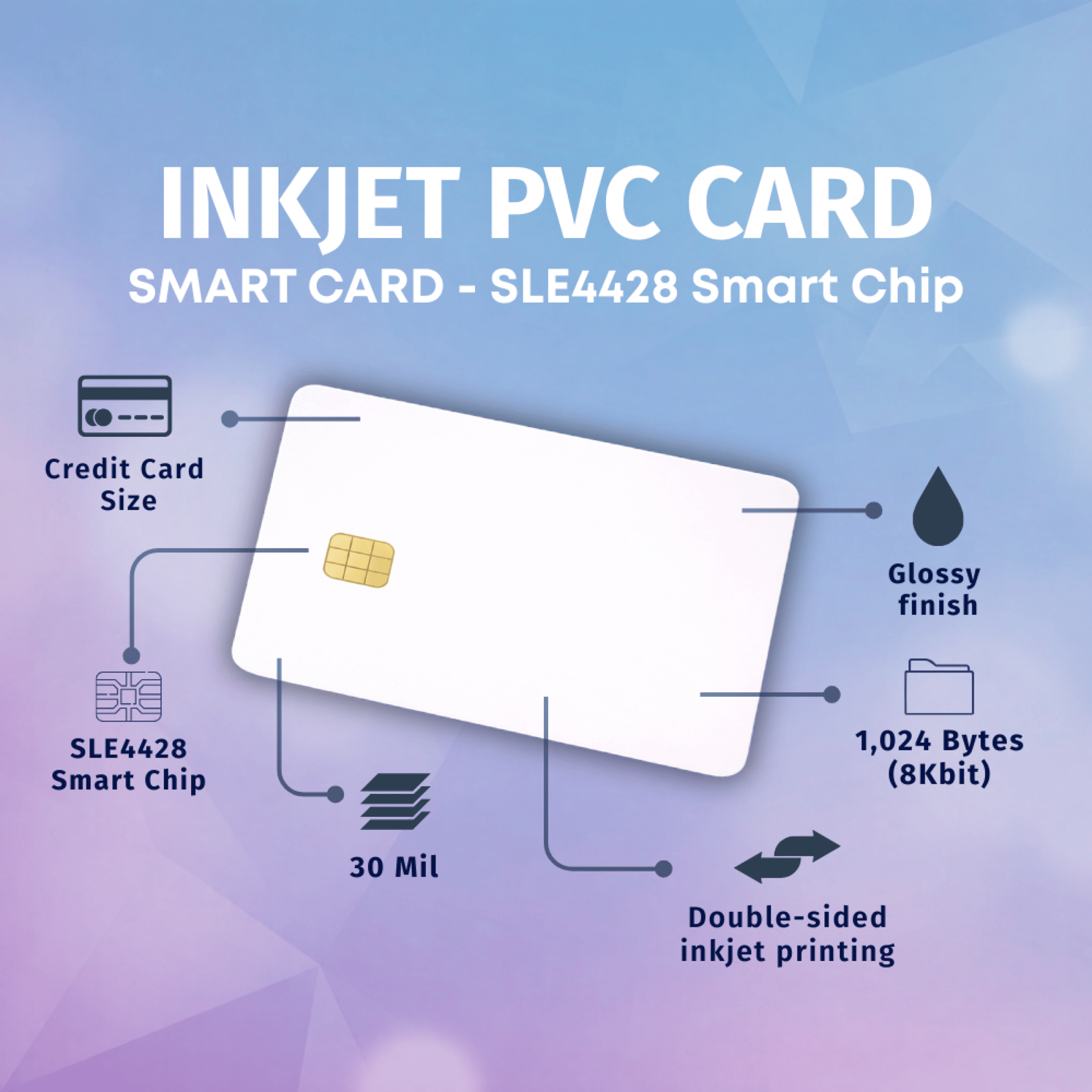 White inkjet PVC card with SLE4428 smart chip, showing credit card size, glossy finish, 30 mil, 1,024 bytes, double-sided printing