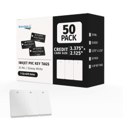 Box of 50 inkjet printable PVC key tag cards with hole slots