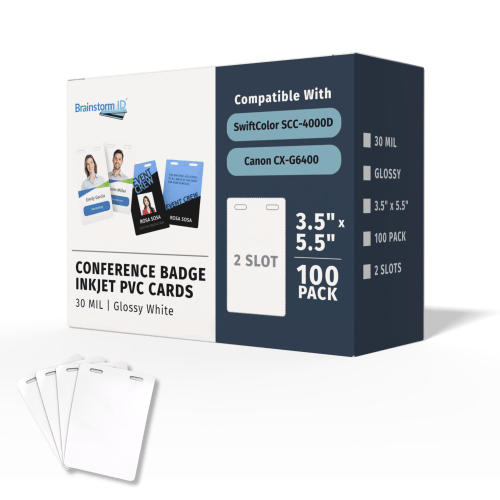 100 Conference Badge Size Inkjet PVC Cards (3.5 x 5.5 inch) w/ 2 Slots - For SwiftColor SCC-4000D / Canon CX-G6400 Large Format Printers