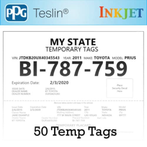 Teslin License Plate Temp Tags (Inkjet) - 50 Sheets