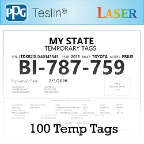 Teslin License Plate Temp Tags (Laser) - 100 Sheets