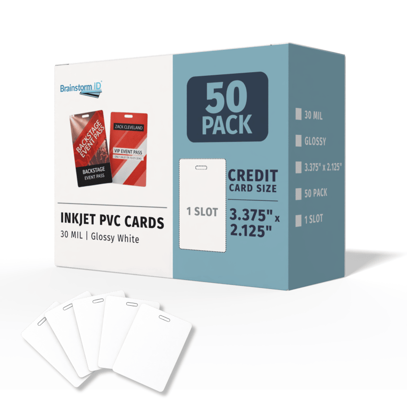 50 Inkjet PVC Cards (30 mil) - w/ Slot (Vertical)
