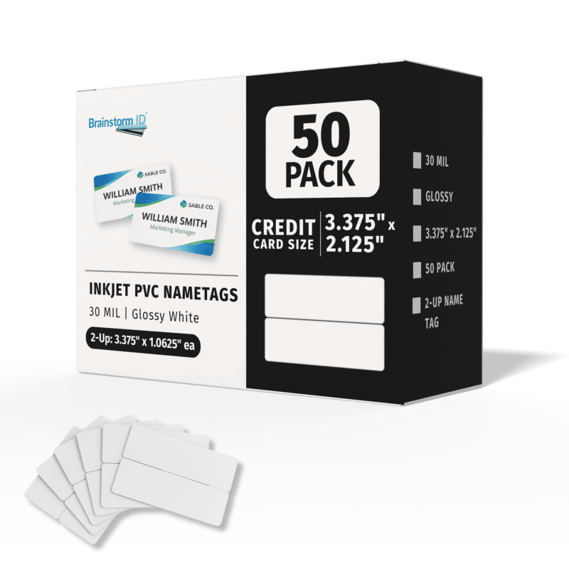 50 Inkjet PVC Name Tag Cards 3.375" - 2-Up