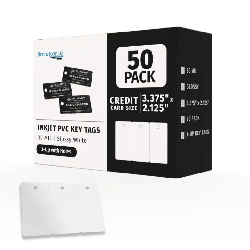 50 Inkjet PVC Key Tag Cards - 3-Up with Holes