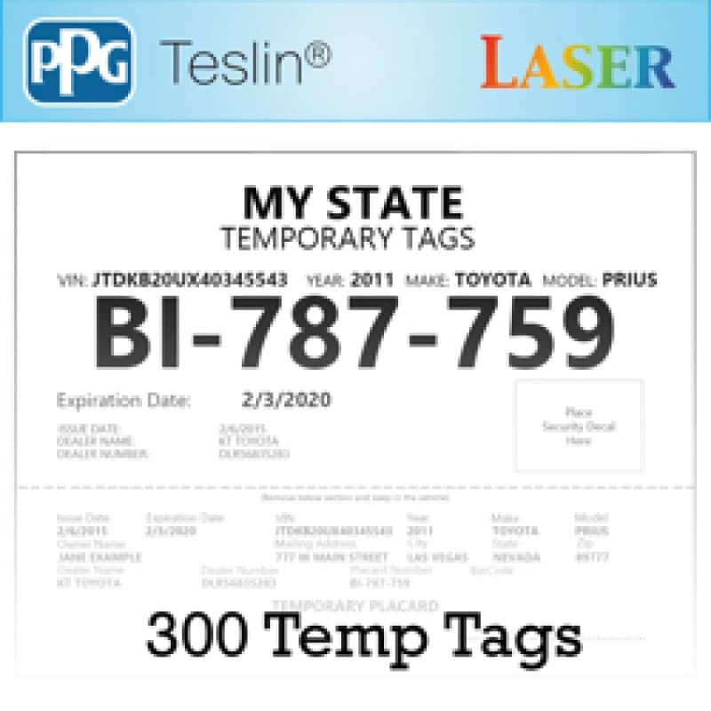 Teslin License Plate Temp Tags (Laser) - 300 Sheets