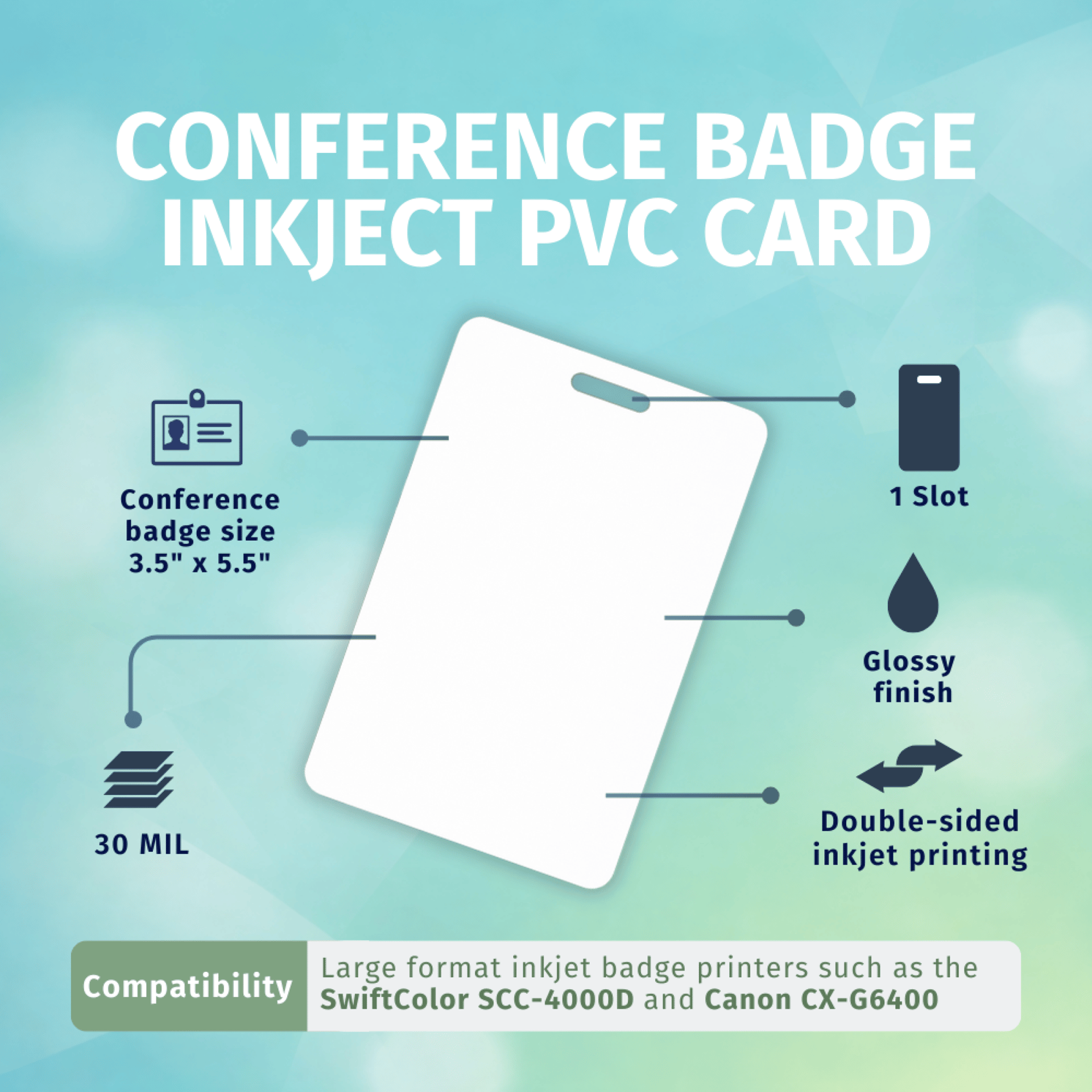 BADGES40❷ 100 Conference Badge Size Inkjet PVC Cards with 1 Slot for