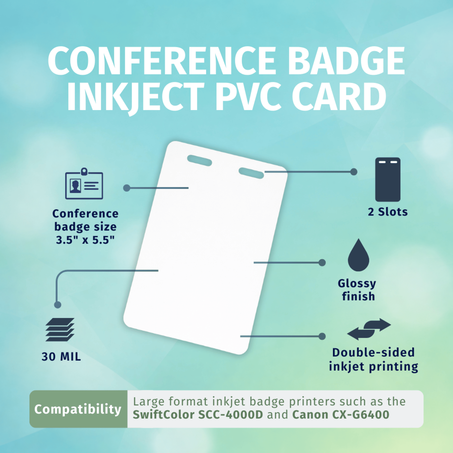 100 Conference Badge Size Inkjet PVC Cards with 2 Slots for
