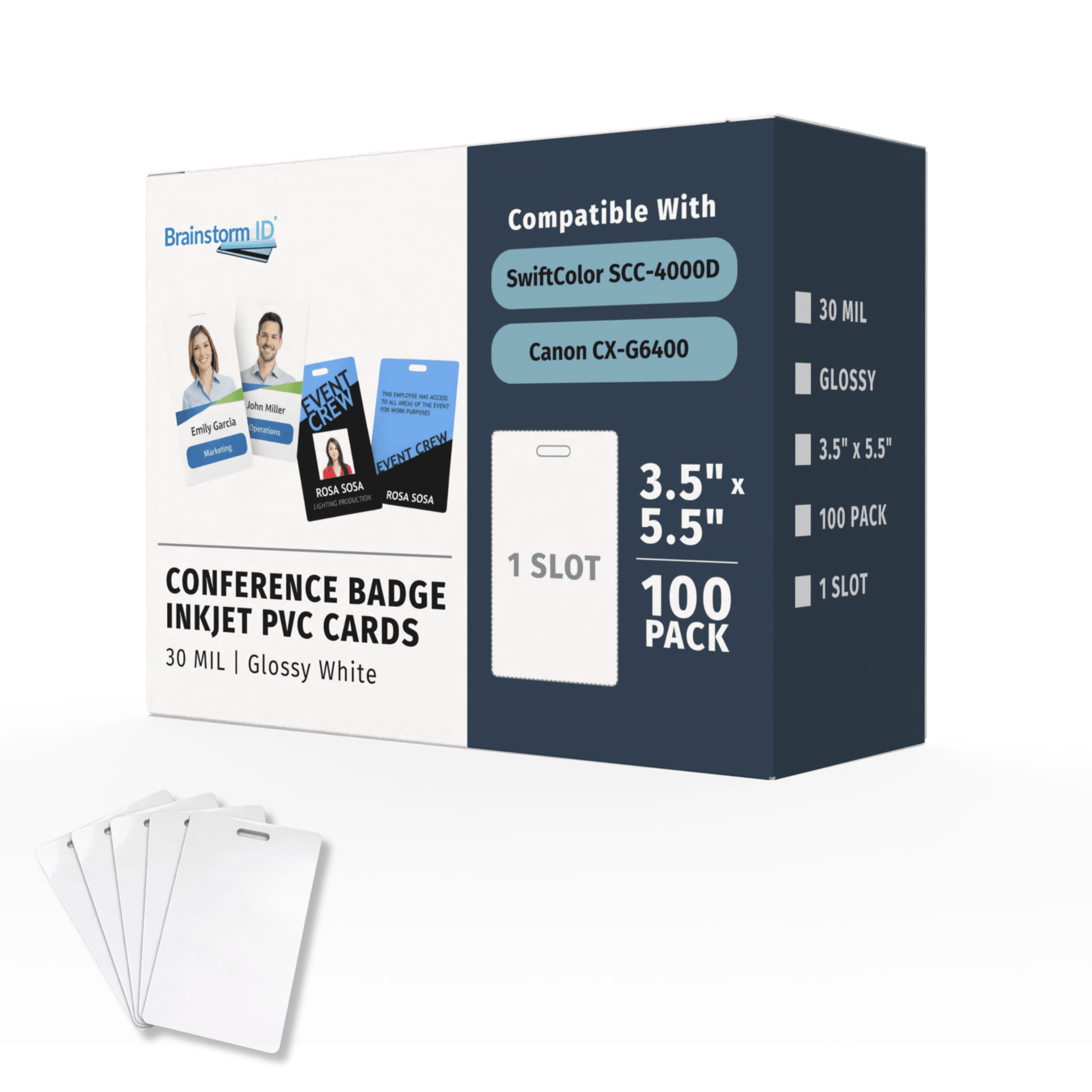 BADGES40❷ 100 Conference Badge Size Inkjet PVC Cards with 1 Slot for