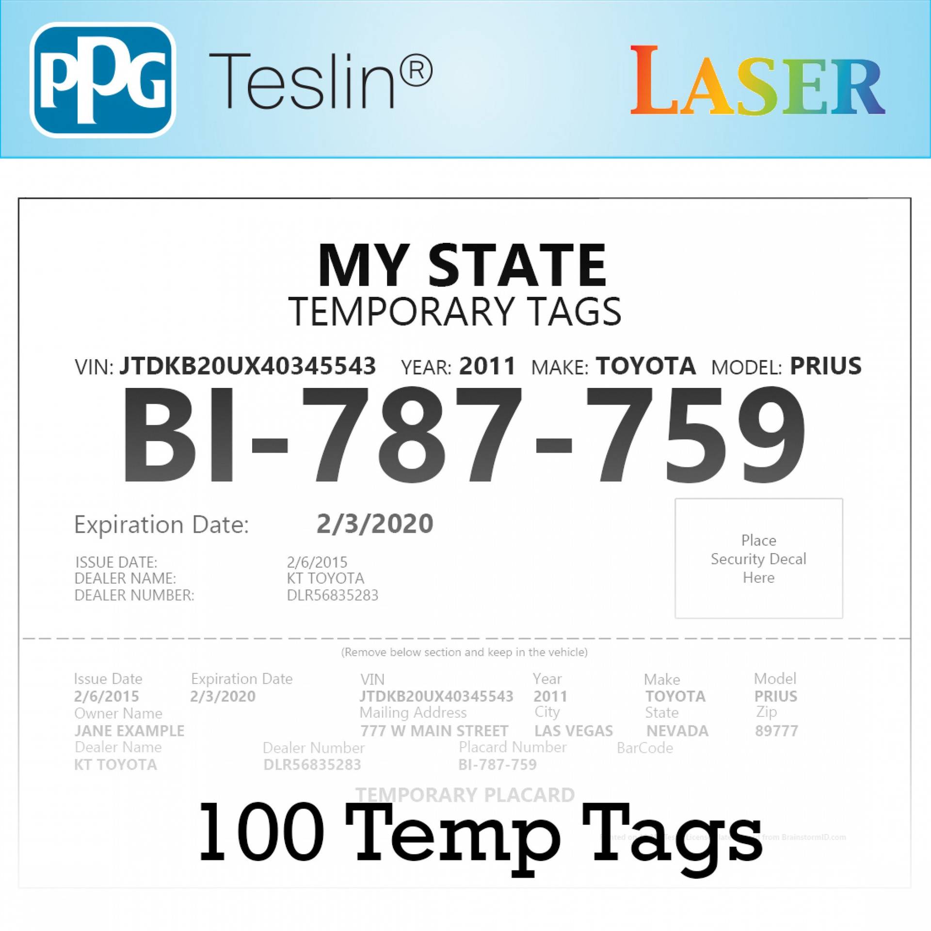 Nevada License Plate Temp Tags for Dealers 10 Mil Teslin